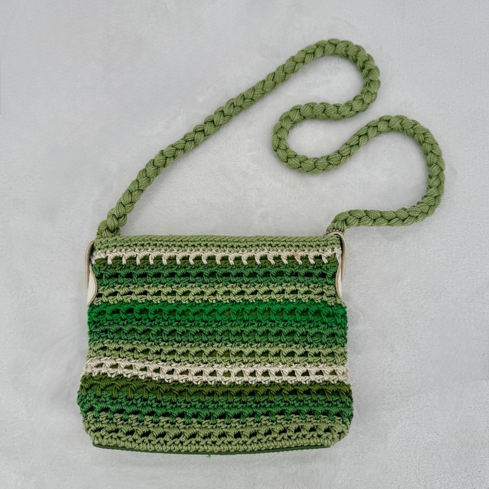 Luxy Crochet Crossbody Bag Womens Green Striped W/ Braided Strap Boho Bag Purse